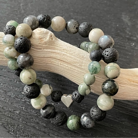 Natural Stone Beaded Bracelet Set Lava Jasper & Labradorite - Picture 4 of 10
